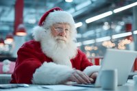 Senior man with white beard in red holiday costume working on laptop in modern office space with coffee cup nearby.