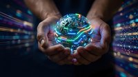 Hands holding glowing digital globe with circuit board patterns and data streams, representing global technology, connectivity, innovation, and digital transformation in business and networking.