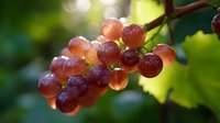 Fresh ripe red grapes on vine with water drops and natural bokeh background in sunlight, macro shot showing juicy grape cluster detail and texture.