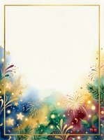 Festive celebration frame with fireworks, tropical foliage, and golden border on isolated white background. Perfect for invitations, greeting cards, posters, and holiday design projects.