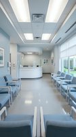 Modern medical office waiting room with blue chairs and white reception desk featuring clean contemporary design for healthcare facilities.