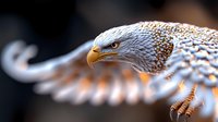 Majestic eagle head in profile with detailed feather texture and sharp curved beak against dark background, wings spread dramatically in motion blur effect.