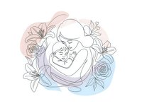 Tender mother holding newborn baby in loving embrace surrounded by delicate floral elements with soft pastel watercolor background for motherhood concepts.