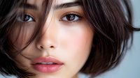 Close up portrait of young Asian woman with short dark hair, natural makeup, and glowing skin against light background. Wind blowing through hair creates dynamic movement.