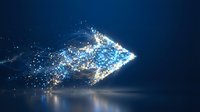 Digital arrow made of glowing blue particles and light effects pointing right on dark background for technology and business concepts.