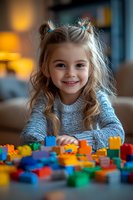 Cheerful young girl with blonde pigtails wearing gray sweater plays with colorful building blocks at home, warm bokeh background creates cozy atmosphere.