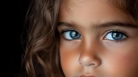 Close up portrait of young mixed race girl with striking blue eyes and curly brown hair against dark background, soft lighting highlights facial features.