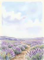 Lavender field landscape with rolling hills, winding dirt path, and soft watercolor sky with clouds, suitable for travel, nature, and botanical design projects.