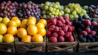 Fresh seasonal fruits in rustic wooden baskets at farmers market including oranges, raspberries, blackberries and assorted grapes arranged in colorful display.