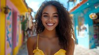 Young mixed race woman with curly hair and bright smile wearing yellow summer dress against colorful street background with vibrant walls and festive atmosphere.