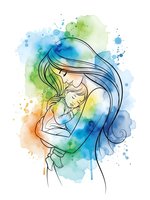 Watercolor mother holding baby with flowing hair surrounded by colorful paint splashes and artistic brushstrokes on white background.