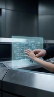 Businesswoman interacting with holographic data visualization displaying network connections and analytics on transparent digital interface in modern office environment.