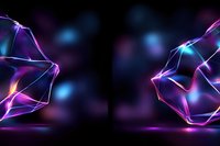 Glowing neon geometric shapes with purple and blue light effects on dark background, abstract futuristic design with luminous lines and bokeh elements.