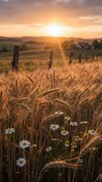 Golden wheat field with white daisies at sunset, rural countryside landscape with fence posts and warm sunlight rays creating peaceful agricultural scene.