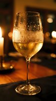 Elegant wine glass filled with golden white wine featuring condensation droplets in warm ambient restaurant lighting for dining and celebration concepts.