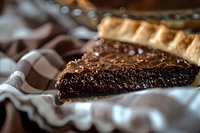 Rich chocolate pecan pie slice on brown checkered cloth, showcasing gooey fudge filling and flaky golden crust with deep nutty texture and glossy surface.