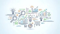 Business analytics and data visualization concept with charts, graphs, lightbulbs and magnifying glasses on light background for marketing presentations.