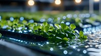 Fresh microgreens growing in hydroponic system with water droplets and bokeh lights, closeup view showing young sprouts in modern agricultural setting.