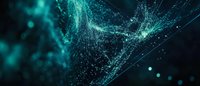 Abstract network of glowing turquoise dots and lines forming interconnected mesh against dark background, creating futuristic digital visualization pattern.