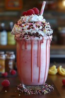 Decadent raspberry milkshake topped with whipped cream, chocolate sprinkles, and fresh berries dripping with pink syrup served in tall glass with striped straw.