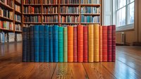 Row of colorful vintage books arranged by spectrum colors standing on wooden floor in library, with filled bookshelves and window in background creating cozy atmosphere.