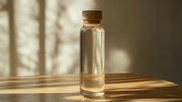 Glass bottle with brown cap on wooden surface in natural sunlight casting dramatic shadows, minimalist composition for wellness and lifestyle content.