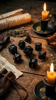 Black polyhedral dice set with ancient scrolls and burning candles on rustic wooden table for tabletop gaming and fantasy roleplay adventures.