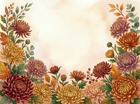 Autumn chrysanthemum flowers frame with warm orange and burgundy blooms on textured background for seasonal greeting cards and fall decorations.