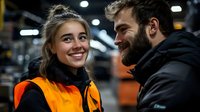 Happy young Caucasian female and male industrial workers in safety vests smiling together in warehouse facility during break time.