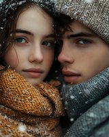 Young couple embracing in winter snow wearing cozy knit scarves and beanies. Romantic seasonal portrait with snowflakes and warm clothing for holiday campaigns.