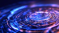 Futuristic circular technology pattern with glowing blue and orange light effects creating dynamic digital circuit design background for tech concepts.