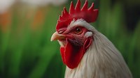 Close up portrait of white rooster with bright red comb and wattles against blurred green background, showing detailed feathers and distinctive eye.