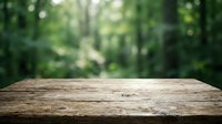 Wooden table surface with blurred green forest background, suitable for product placement, mockups, and nature-themed designs.