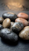 Wet smooth river stones with water droplets on dark slate surface creating peaceful spa and wellness atmosphere for relaxation and meditation concepts.