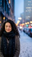 Young mixed-race woman with curly hair enjoying peaceful moment in snowy city street at dusk with warm lights and falling snowflakes creating magical winter atmosphere.