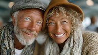 Happy senior Caucasian couple smiling warmly at camera wearing cozy winter hats and scarves, expressing joy and togetherness in golden hour lighting.