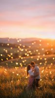 Romantic couple embracing in golden sunset field with heart-shaped bokeh lights creating magical atmosphere for love and relationship concepts.