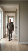 Senior Caucasian man with walking cane moving through modern home hallway with natural light from windows creating warm atmosphere for aging in place.