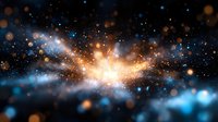 Glowing cosmic explosion with bright light burst in deep space, surrounded by blue nebula clouds and shimmering golden particles against dark background.
