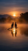 Two cormorants perched on a branch in misty water at sunrise, silhouetted against golden light with mountains and trees in background. Wildlife and nature scene.