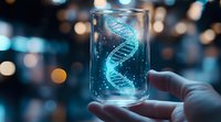 Glowing DNA helix structure floating in glass container with bokeh background, scientific research concept showing genetic engineering breakthrough.