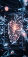 Futuristic medical visualization showing detailed holographic lungs with glowing wireframe effect against dark background with technical data and measurements.