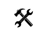 Crossed hammer and wrench tools icon isolated on white background for repair service, maintenance work, construction projects and handyman logos.