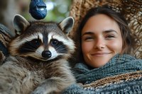 Young woman with brown hair and light skin posing with a raccoon against a tree trunk, both looking at camera. Wildlife interaction and nature bonding concept for editorial and lifestyle use.
