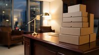 Stacked cardboard boxes on wooden desk with desk lamp and window view in modern office workspace for shipping, logistics, and business concepts.