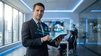 Businessman in dark suit holding tablet with digital security icons and network symbols in modern office environment with colleagues and blue lighting.