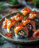 Fresh salmon sushi rolls topped with red caviar and black sesame seeds, garnished with dill on ceramic plate. Close up of Japanese cuisine with cucumber and crab filling.