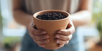 Hands holding terracotta pot with fresh soil, preparing for planting seeds or seedlings in home gardening environment.