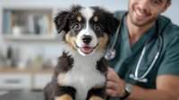 Happy Australian Shepherd puppy with veterinarian in modern clinic. Pet healthcare, medical examination, and professional animal care services.