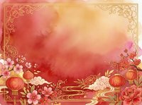 Watercolor gradient background with red, pink, and gold tones featuring ornamental floral borders, lanterns, and decorative corner elements. Suitable for invitations, greeting cards, and festive designs.